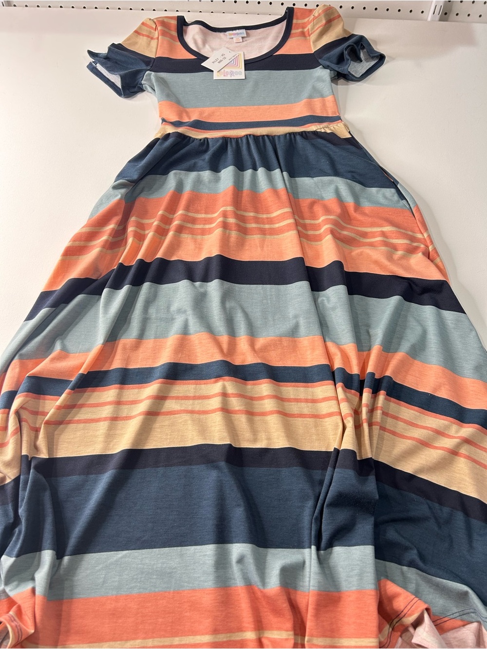 LuLaRoe Striped Midi Dress - Coral, Light Blue & Navy